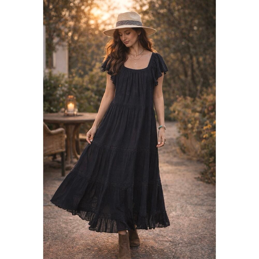 Sundance Greer Black Swiss Dot Embroidered Maxi Cotton Medium Bohemian - Picture 1 of 10